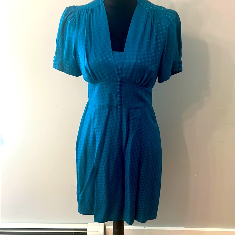 Banana Republic Teal Polka Dot V-Neck Short Sleeve Dress